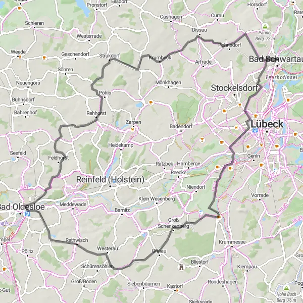 Karten-Miniaturansicht der Radinspiration "Rund um Lübeck und Umgebung" in Schleswig-Holstein, Germany. Erstellt vom Tarmacs.app-Routenplaner für Radtouren