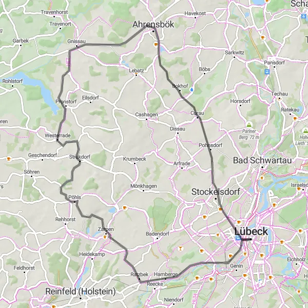Map miniature of "The Gate of Lübeck and Beyond" cycling inspiration in Schleswig-Holstein, Germany. Generated by Tarmacs.app cycling route planner