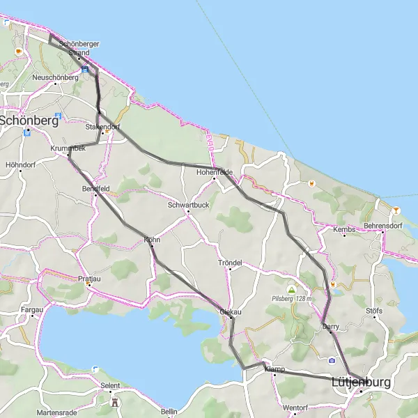 Map miniature of "Krummbek to Hohenfelde and Mittelsberg" cycling inspiration in Schleswig-Holstein, Germany. Generated by Tarmacs.app cycling route planner