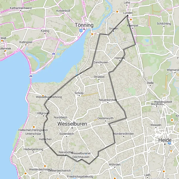 Karten-Miniaturansicht der Radinspiration "Entdeckungstour um Lunden" in Schleswig-Holstein, Germany. Erstellt vom Tarmacs.app-Routenplaner für Radtouren