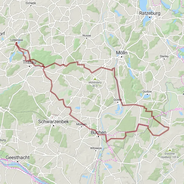 Map miniature of "Hilly Gravel Adventure" cycling inspiration in Schleswig-Holstein, Germany. Generated by Tarmacs.app cycling route planner