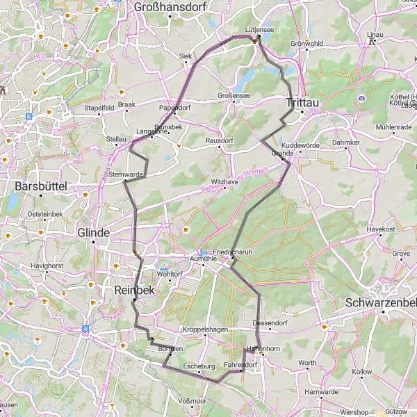 Map miniature of "Trittau Round-Trip" cycling inspiration in Schleswig-Holstein, Germany. Generated by Tarmacs.app cycling route planner