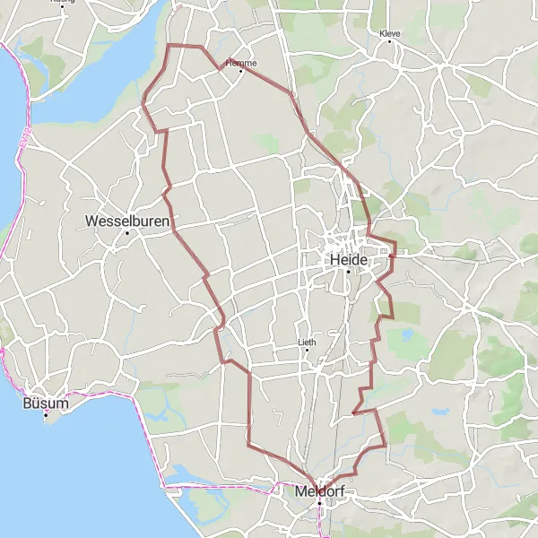 Map miniature of "Gravel Adventure to Wöhrden and Karolinenkoog" cycling inspiration in Schleswig-Holstein, Germany. Generated by Tarmacs.app cycling route planner