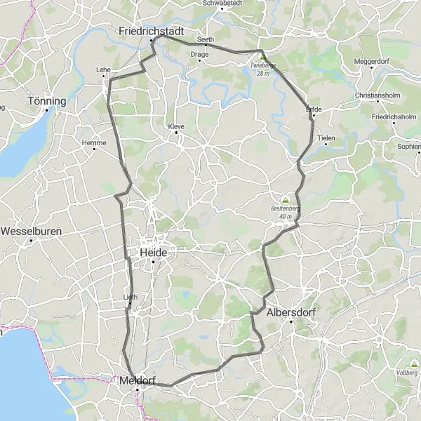 Map miniature of "A Tour Around Meldorf" cycling inspiration in Schleswig-Holstein, Germany. Generated by Tarmacs.app cycling route planner