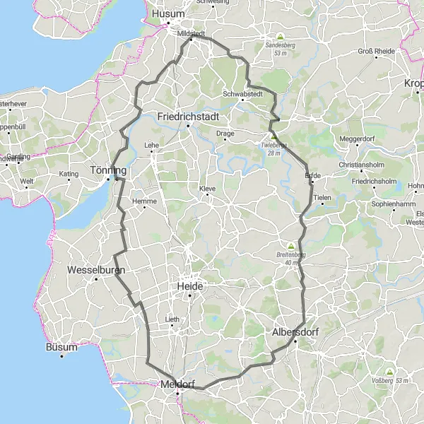 Map miniature of "Meldorf to Tönning: Coastal Ride with Historical Sights" cycling inspiration in Schleswig-Holstein, Germany. Generated by Tarmacs.app cycling route planner