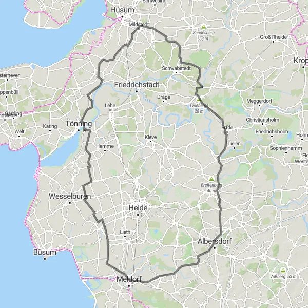 Karten-Miniaturansicht der Radinspiration "Meldorf - Tönning - Pahlen Rundfahrradweg" in Schleswig-Holstein, Germany. Erstellt vom Tarmacs.app-Routenplaner für Radtouren