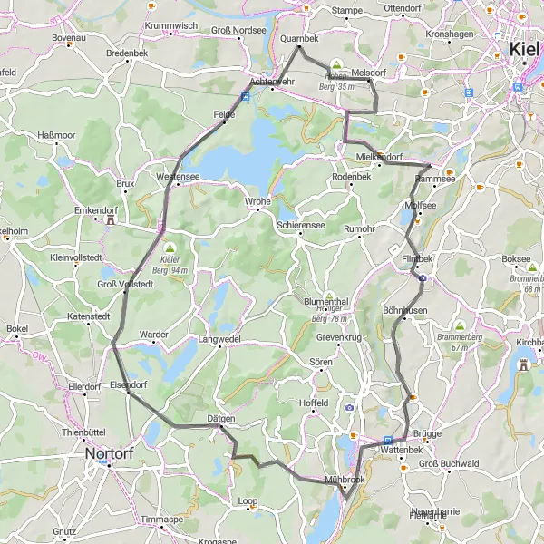 Karten-Miniaturansicht der Radinspiration "Rundweg von Melsdorf nach Mielkendorf" in Schleswig-Holstein, Germany. Erstellt vom Tarmacs.app-Routenplaner für Radtouren