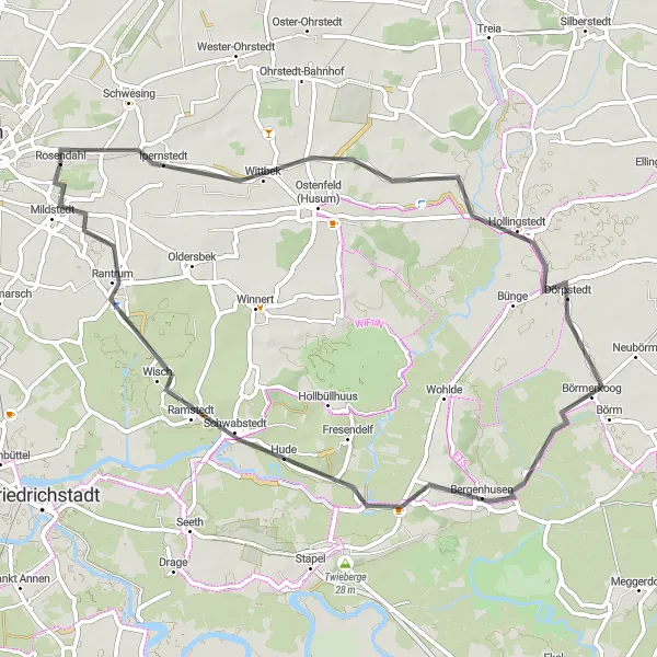 Map miniature of "Wittbek-Dörpstedt-Hude-Mildstedt Loop" cycling inspiration in Schleswig-Holstein, Germany. Generated by Tarmacs.app cycling route planner