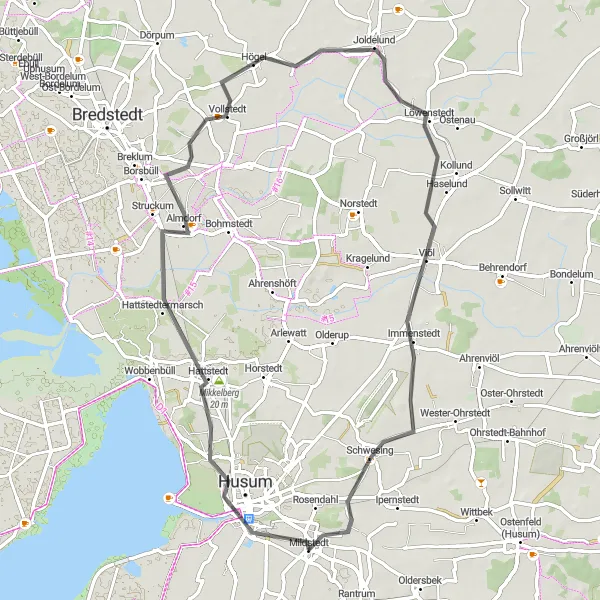 Map miniature of "Wasserturm-Hattstedt-Högel-Immenstedt-Schwesing-Mildstedt Loop" cycling inspiration in Schleswig-Holstein, Germany. Generated by Tarmacs.app cycling route planner