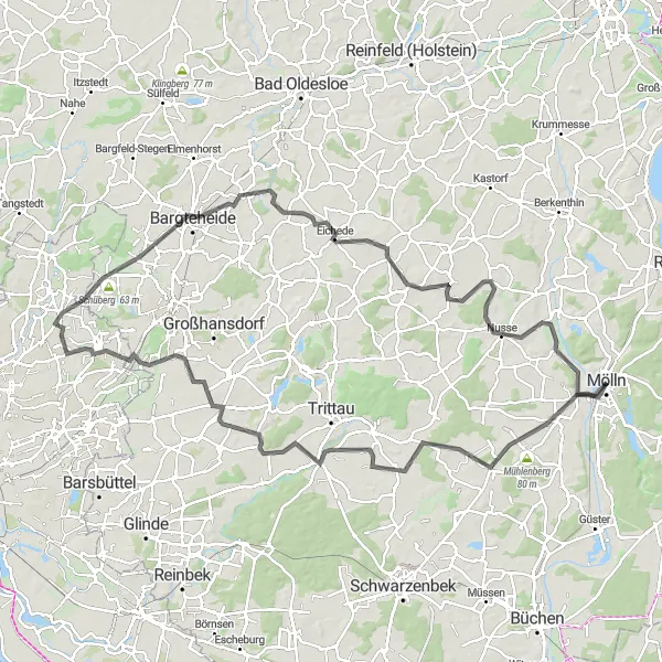 Karten-Miniaturansicht der Radinspiration "Rund um Mölln und Kuddewörde" in Schleswig-Holstein, Germany. Erstellt vom Tarmacs.app-Routenplaner für Radtouren