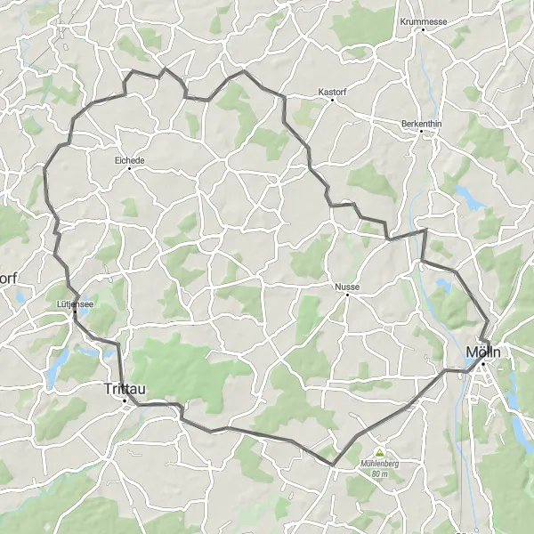 Map miniature of "The Mölln Adventure" cycling inspiration in Schleswig-Holstein, Germany. Generated by Tarmacs.app cycling route planner