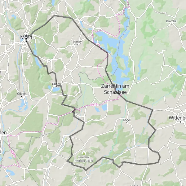 Karten-Miniaturansicht der Radinspiration "Durch die Seenlandschaft von Mölln nach Zarrentin" in Schleswig-Holstein, Germany. Erstellt vom Tarmacs.app-Routenplaner für Radtouren