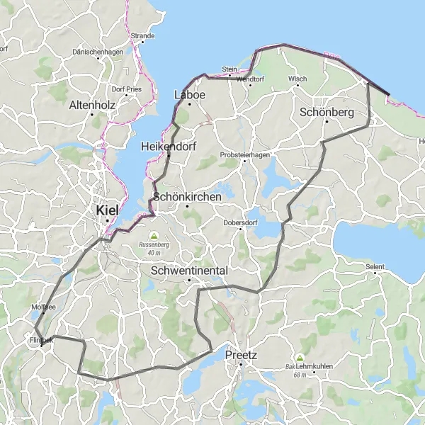 Map miniature of "Kiel and Laboe Road Route" cycling inspiration in Schleswig-Holstein, Germany. Generated by Tarmacs.app cycling route planner