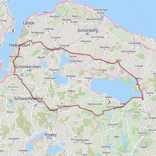 Karten-Miniaturansicht der Radinspiration "Gravel-Abenteuer um Mönkeberg" in Schleswig-Holstein, Germany. Erstellt vom Tarmacs.app-Routenplaner für Radtouren
