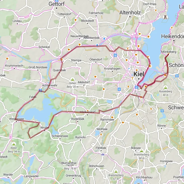 Karten-Miniaturansicht der Radinspiration "Kiel und die umliegenden Hügel" in Schleswig-Holstein, Germany. Erstellt vom Tarmacs.app-Routenplaner für Radtouren