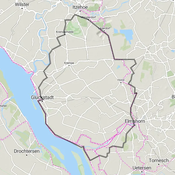 Map miniature of "River Ride: Exploring the Elbe Plain" cycling inspiration in Schleswig-Holstein, Germany. Generated by Tarmacs.app cycling route planner