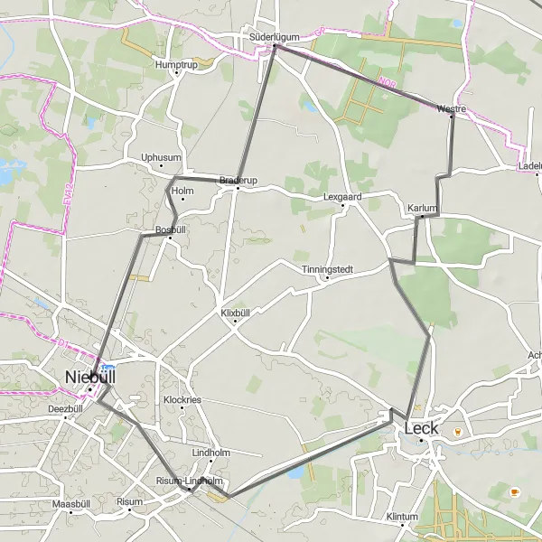 Map miniature of "Bosbüll and Posberg Loop" cycling inspiration in Schleswig-Holstein, Germany. Generated by Tarmacs.app cycling route planner