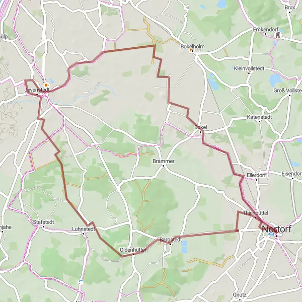 Map miniature of "Jevenstedt to Thienbüttel Gravel Adventure" cycling inspiration in Schleswig-Holstein, Germany. Generated by Tarmacs.app cycling route planner