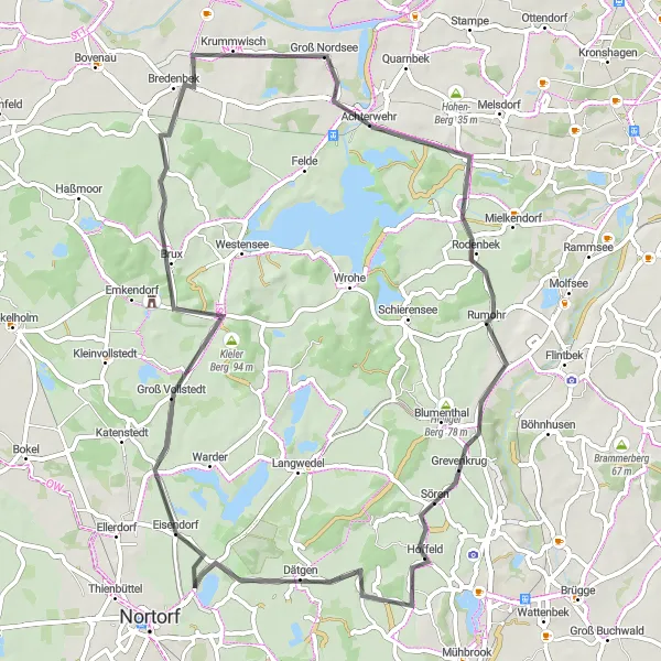 Map miniature of "Nortorf to Grevenkrug Loop" cycling inspiration in Schleswig-Holstein, Germany. Generated by Tarmacs.app cycling route planner