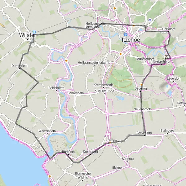 Map miniature of "Scenic Road Cycling near Oelixdorf" cycling inspiration in Schleswig-Holstein, Germany. Generated by Tarmacs.app cycling route planner
