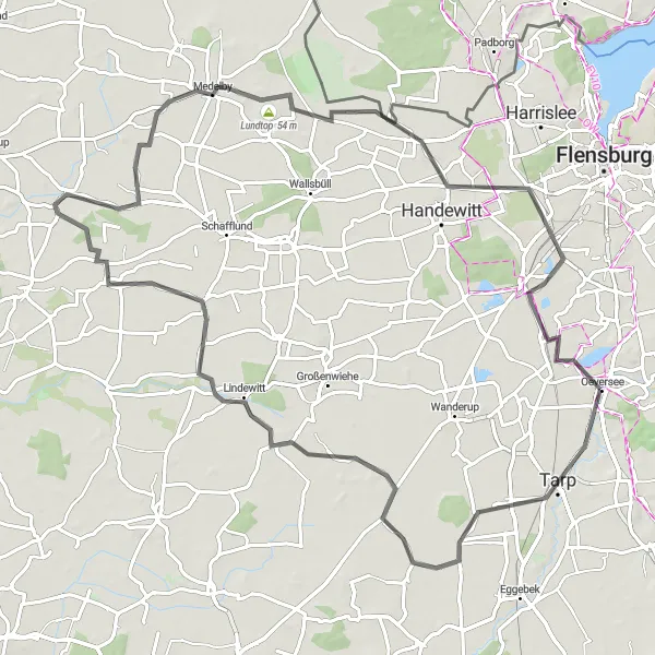 Map miniature of "Oeversee to Ellund" cycling inspiration in Schleswig-Holstein, Germany. Generated by Tarmacs.app cycling route planner