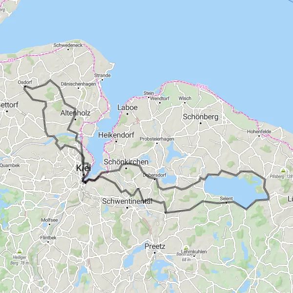 Map miniature of "Suchsdorf Loop to Kiel" cycling inspiration in Schleswig-Holstein, Germany. Generated by Tarmacs.app cycling route planner