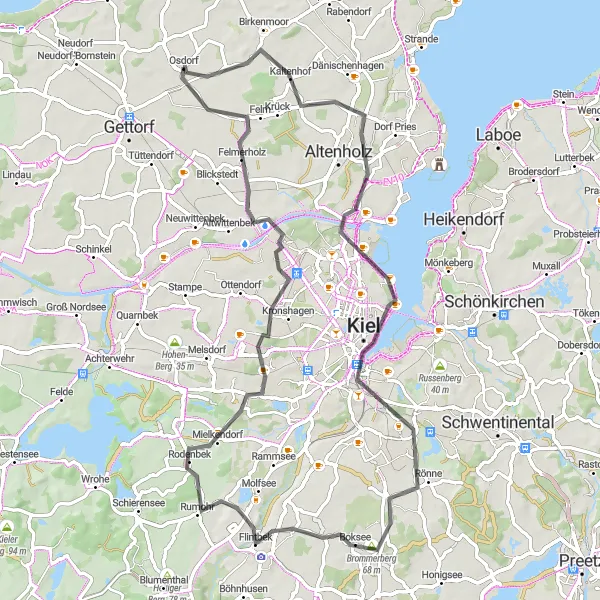 Map miniature of "Osdorf to Felm and Back" cycling inspiration in Schleswig-Holstein, Germany. Generated by Tarmacs.app cycling route planner