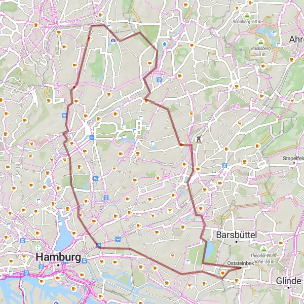 Map miniature of "Exploring Oststeinbek's Gravel Paths" cycling inspiration in Schleswig-Holstein, Germany. Generated by Tarmacs.app cycling route planner