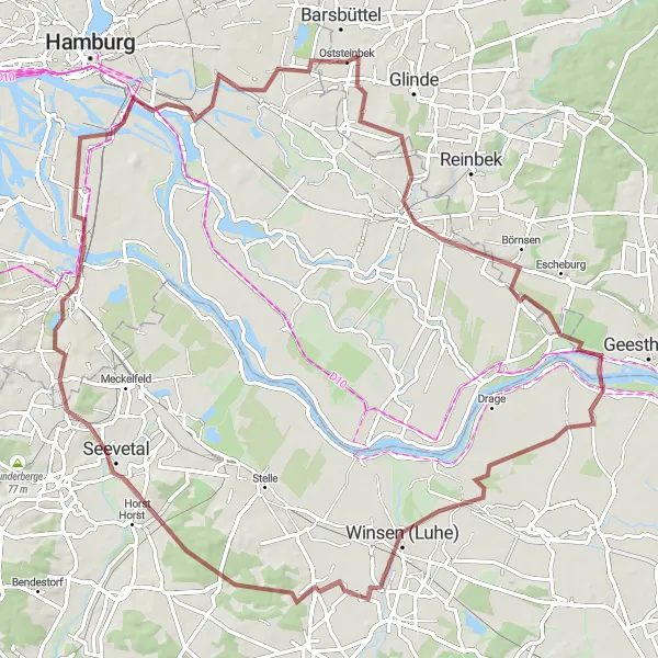 Map miniature of "Challenging Gravel Tour around Bergedorf" cycling inspiration in Schleswig-Holstein, Germany. Generated by Tarmacs.app cycling route planner