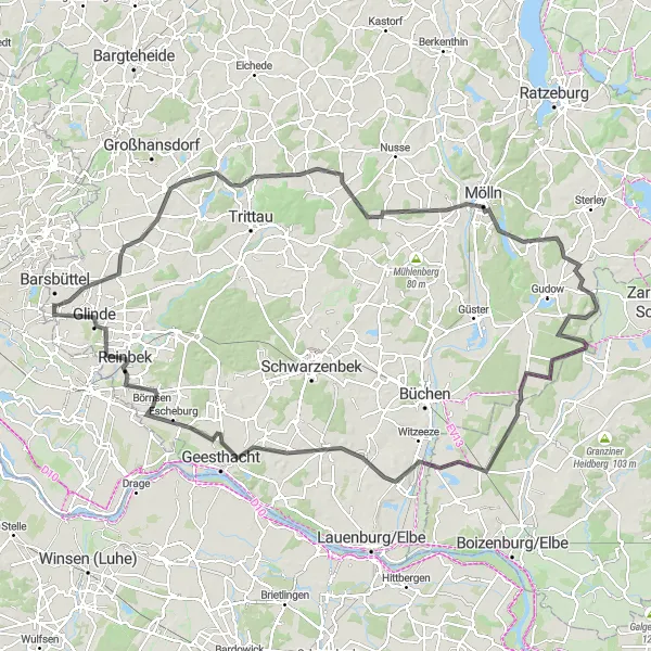 Map miniature of "Scenic Loop around Oststeinbek" cycling inspiration in Schleswig-Holstein, Germany. Generated by Tarmacs.app cycling route planner