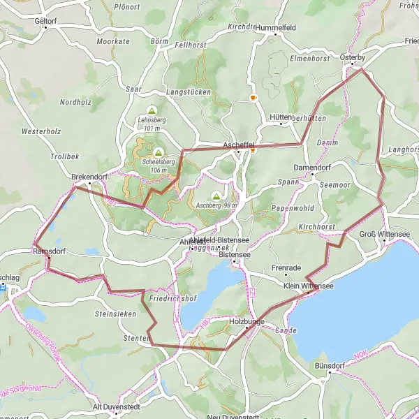 Map miniature of "Off-Road Adventure: Exploring Hidden Gem of Osterby" cycling inspiration in Schleswig-Holstein, Germany. Generated by Tarmacs.app cycling route planner