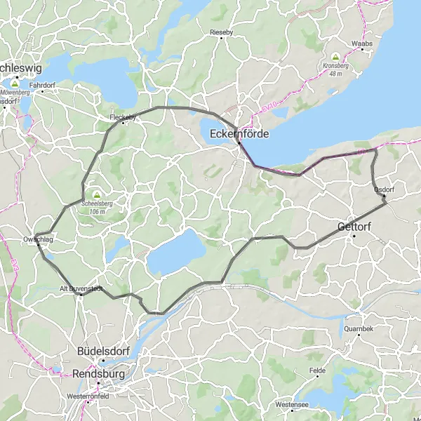 Map miniature of "Eckernförde Coastal Ride" cycling inspiration in Schleswig-Holstein, Germany. Generated by Tarmacs.app cycling route planner