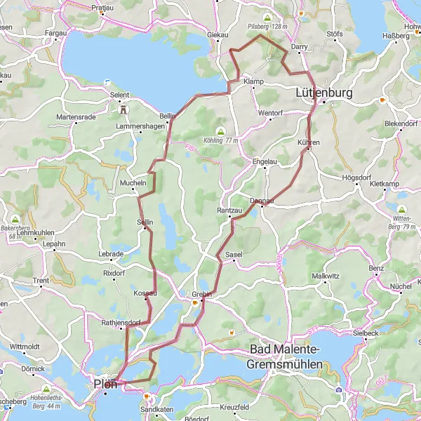 Map miniature of "Plön Gravel Adventure" cycling inspiration in Schleswig-Holstein, Germany. Generated by Tarmacs.app cycling route planner