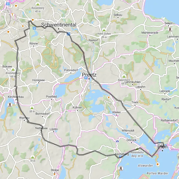 Map miniature of "Plön and Surroundings" cycling inspiration in Schleswig-Holstein, Germany. Generated by Tarmacs.app cycling route planner