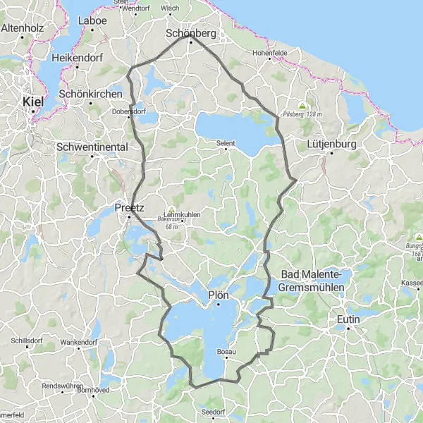 Karten-Miniaturansicht der Radinspiration "Fiefbergen-Seen-Tour" in Schleswig-Holstein, Germany. Erstellt vom Tarmacs.app-Routenplaner für Radtouren