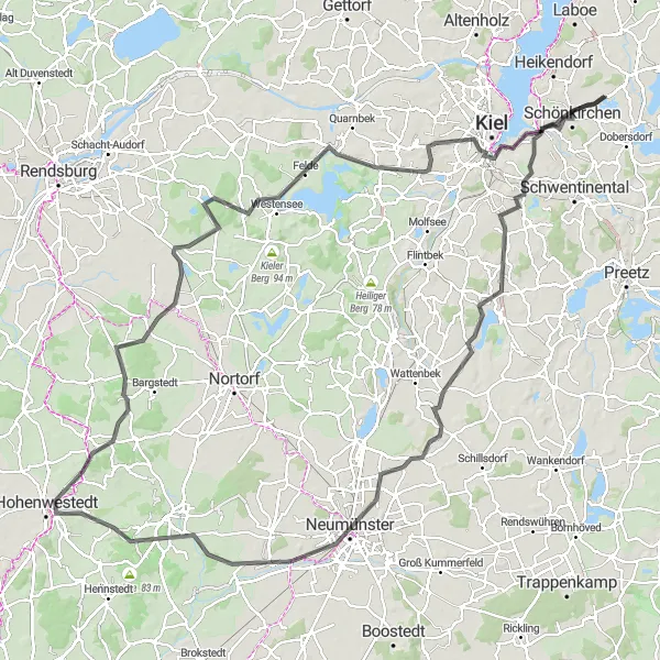 Map miniature of "Probsteierhagen Neumühlen-Dietrichsdorf Route" cycling inspiration in Schleswig-Holstein, Germany. Generated by Tarmacs.app cycling route planner