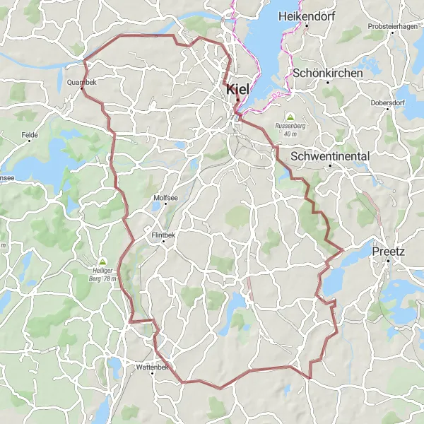 Map miniature of "Kiel and Rathausturm Gravel Adventure" cycling inspiration in Schleswig-Holstein, Germany. Generated by Tarmacs.app cycling route planner