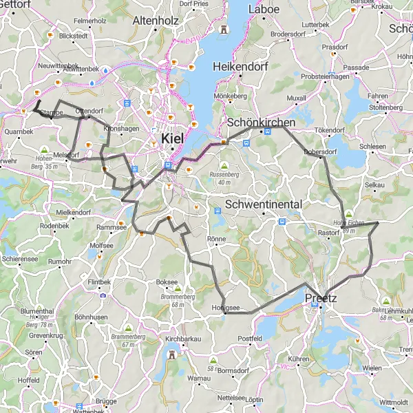 Karten-Miniaturansicht der Radinspiration "Rund um Quarnbek und Kiel" in Schleswig-Holstein, Germany. Erstellt vom Tarmacs.app-Routenplaner für Radtouren