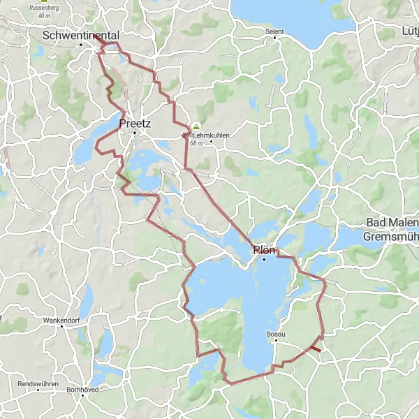 Map miniature of "Raisdorf-Kühren Gravel Adventure" cycling inspiration in Schleswig-Holstein, Germany. Generated by Tarmacs.app cycling route planner