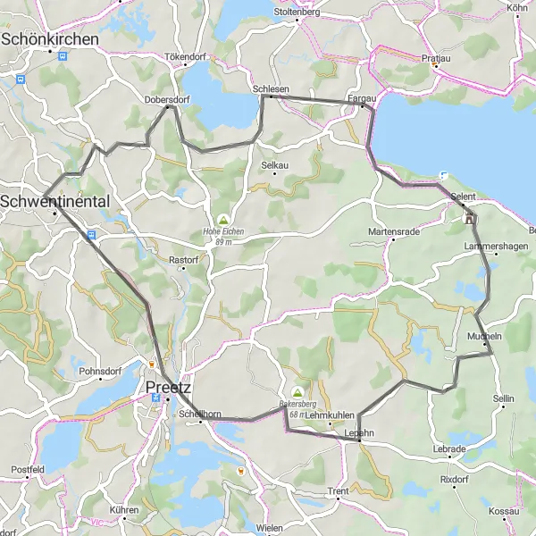 Map miniature of "Beautiful route through Schwentinetal" cycling inspiration in Schleswig-Holstein, Germany. Generated by Tarmacs.app cycling route planner