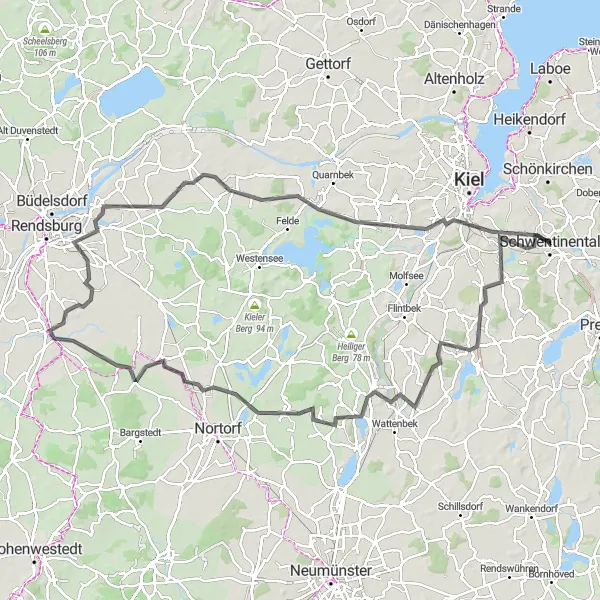 Karten-Miniaturansicht der Radinspiration "Rundtour ab Raisdorf - Straße" in Schleswig-Holstein, Germany. Erstellt vom Tarmacs.app-Routenplaner für Radtouren