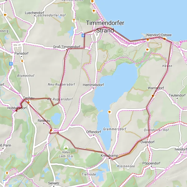 Map miniature of "Coastal Gravel Ride to Hohes Lieth and Timmendorfer Strand" cycling inspiration in Schleswig-Holstein, Germany. Generated by Tarmacs.app cycling route planner