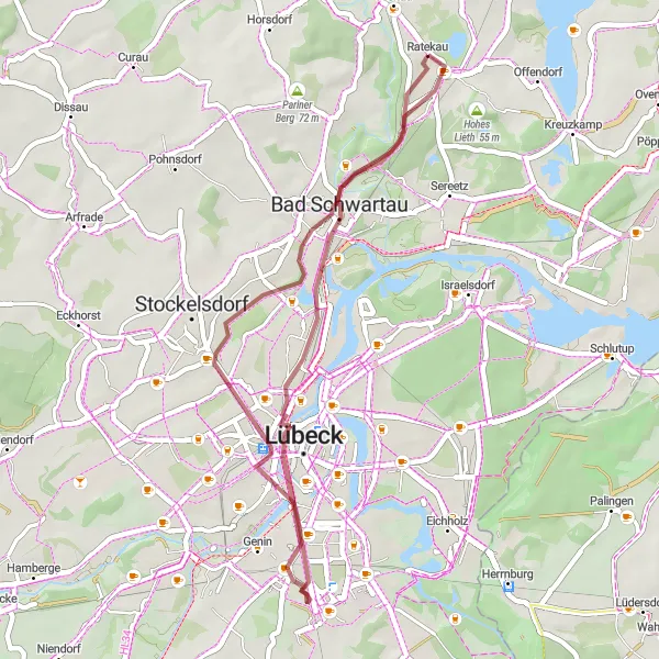 Map miniature of "Scenic Gravel Ride from Ratekau to Sankt Lorenz Süd" cycling inspiration in Schleswig-Holstein, Germany. Generated by Tarmacs.app cycling route planner