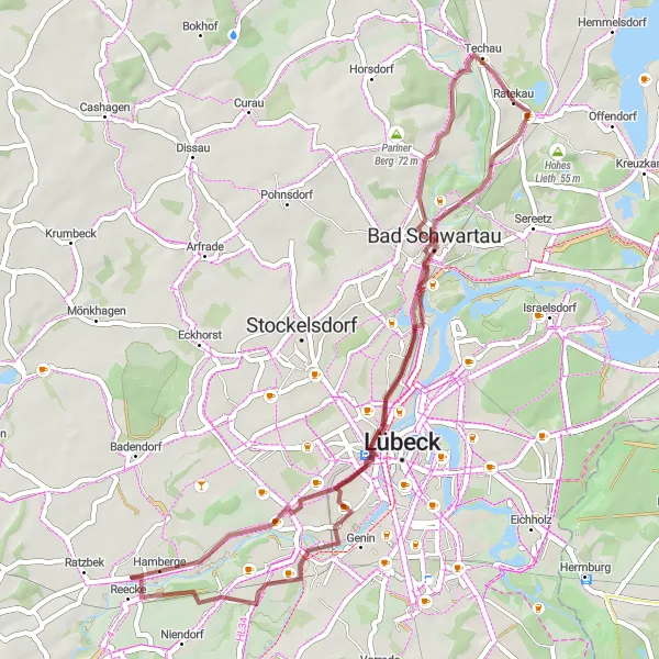 Map miniature of "Gravel Adventure to Malerwinkel and Sankt Petri" cycling inspiration in Schleswig-Holstein, Germany. Generated by Tarmacs.app cycling route planner