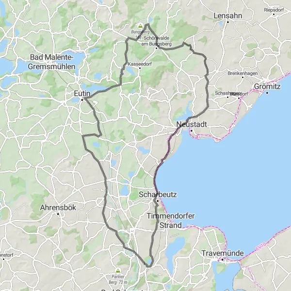 Map miniature of "Ratekau Loop via Sarkwitz and Oeverdiek" cycling inspiration in Schleswig-Holstein, Germany. Generated by Tarmacs.app cycling route planner