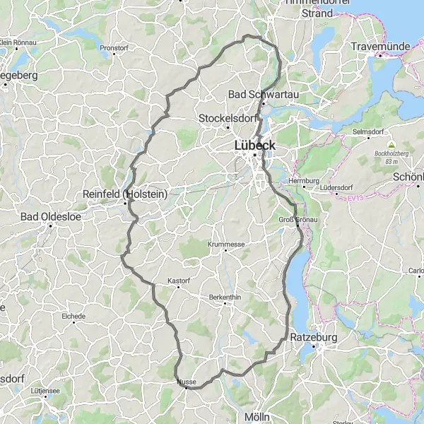 Karten-Miniaturansicht der Radinspiration "Road Tour um Ratekau" in Schleswig-Holstein, Germany. Erstellt vom Tarmacs.app-Routenplaner für Radtouren