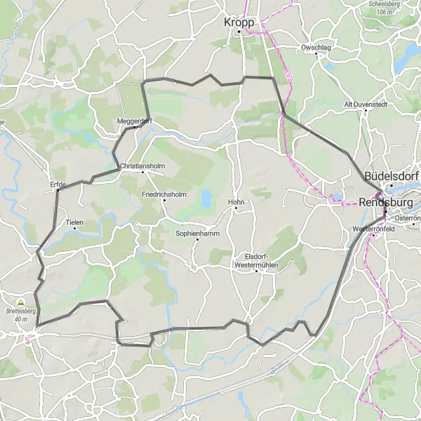 Map miniature of "Westerrönfeld and Meggerdorf Scenic Road Tour" cycling inspiration in Schleswig-Holstein, Germany. Generated by Tarmacs.app cycling route planner