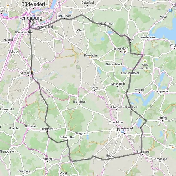 Map miniature of "Rendsburg - Jevenstedt Loop" cycling inspiration in Schleswig-Holstein, Germany. Generated by Tarmacs.app cycling route planner