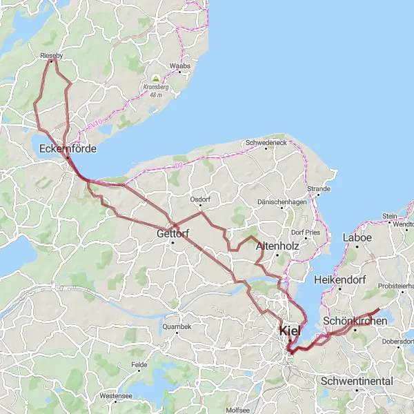 Karten-Miniaturansicht der Radinspiration "Gravel-Tour durch die Kieler Bucht" in Schleswig-Holstein, Germany. Erstellt vom Tarmacs.app-Routenplaner für Radtouren