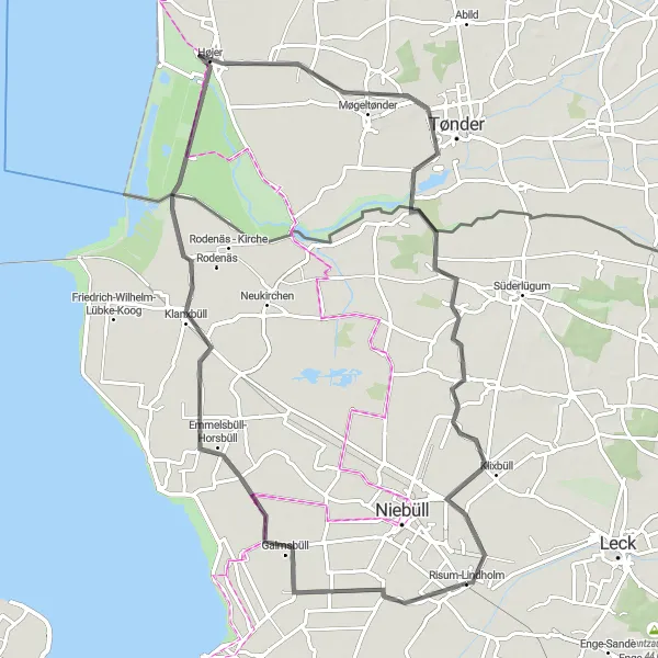 Karten-Miniaturansicht der Radinspiration "Humptrup und Galmsbüll Tour" in Schleswig-Holstein, Germany. Erstellt vom Tarmacs.app-Routenplaner für Radtouren